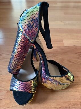 Qupid Multicolor Sequin Platform Sandals with Black Trim